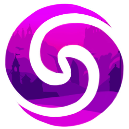 Purple spiral-like symbol on a white background.